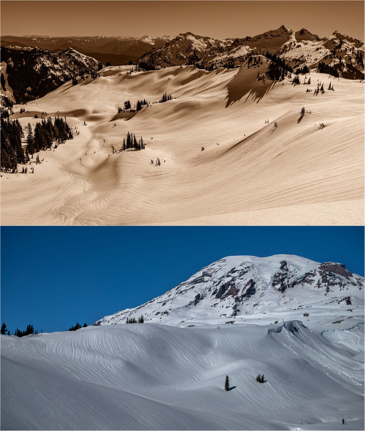 Rain runnels creating beautiful patterns across the snow