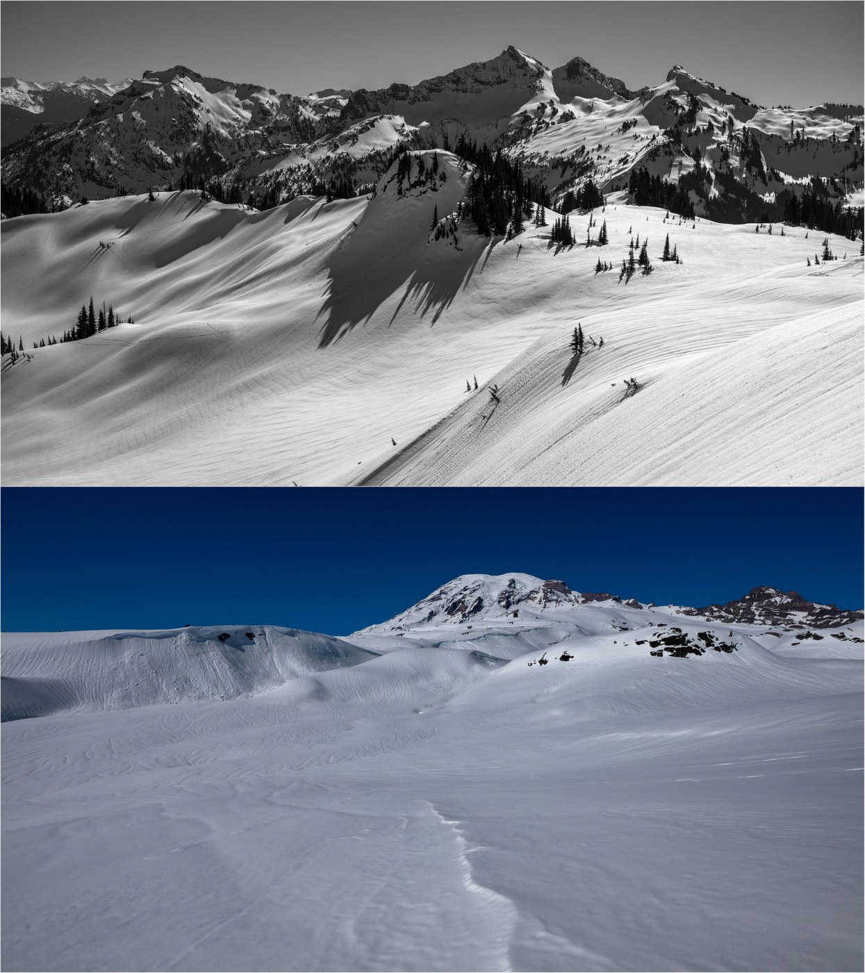 Looking south to Tatoosh Range (T); wide-open terrain up Mazama, with cornice breaks (B)