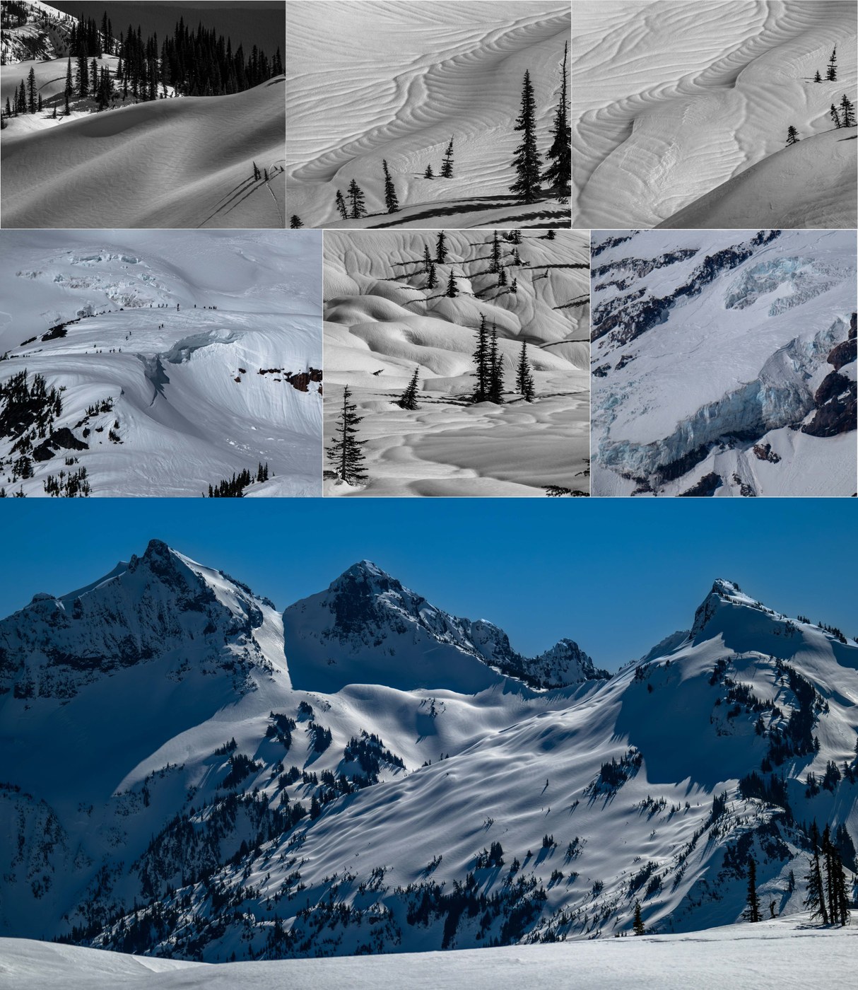 Can you tell I like the rain runnels? Huge cornice at Panorama Point (ML)