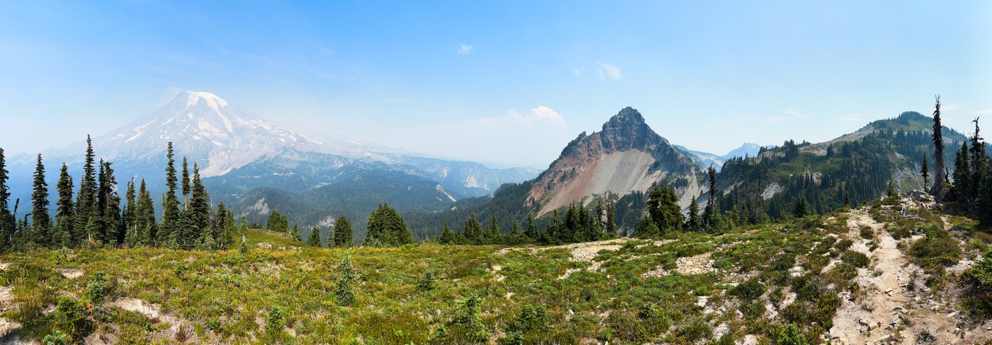 Mt. Rainier, Pinnacle Peak, and Plummer's Peak from the summit of Denman Peak