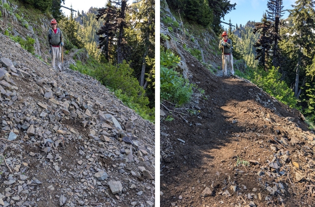 Before and after with Jim Langdon on Bear Gap. Photo by Lisa Black On the left is a photo of a gravelly hillside and a volunteer standing on it looking perplexed. On the right, a trail cuts through the same hillside with the same volunteer looking pleased with his work.