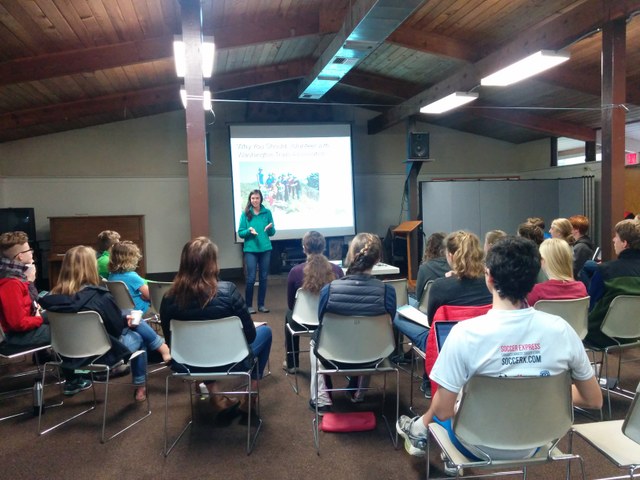 Ambassadors learning how to tell their friends and peers about volunteer opportunities with WTA. Photo by Loren Drummond